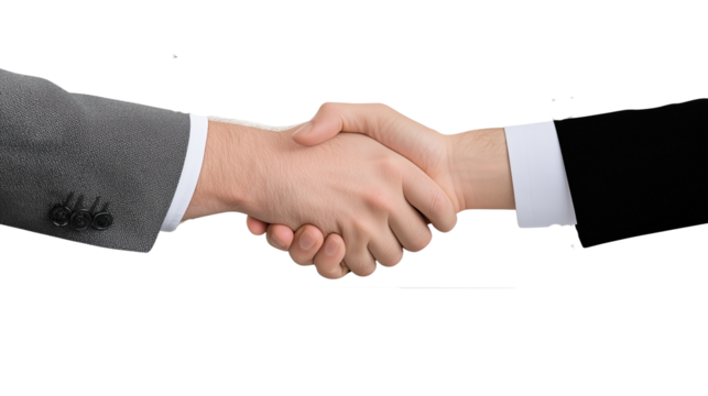 Virtual handshake on transparent background symbolizing remote partnership and digital collaboration