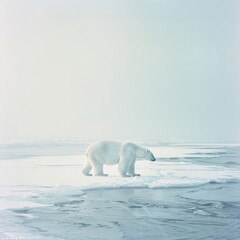 Fototapeta premium Majestic polar bear wandering across a serene icy landscape, capturing the essence of wildlife in the Arctic environment under soft winter light.