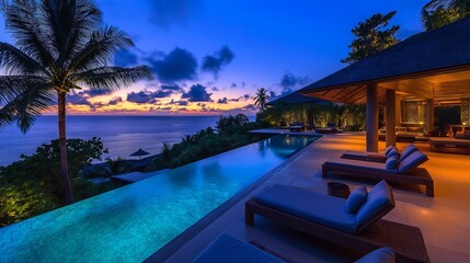 Fototapeta premium Tropical villa with infinity pool overlooking sunset sea.