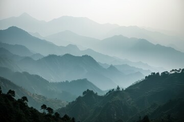 Naklejka premium Misty Mountain Ranges: Serene Layers of Fog-Covered Peaks in a Tranquil Landscape, Capturing the Beauty of Natures Majestic Horizon.