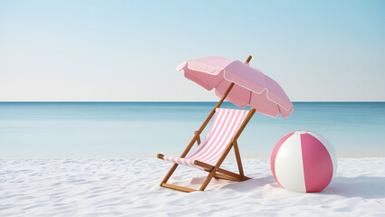 Obraz premium Pink Chair, Umbrella and Ball at Beach Minimalistic Paradise Scene for Hot Summer at Sea Resort