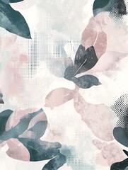 Abstract watercolor floral pattern with pink and blue leaves on white background.