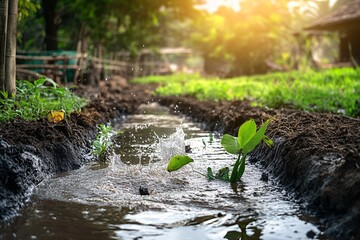 Fototapeta premium Water Splashing in a Rural Irrigation Channel