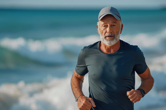 Senior man enjoying a refreshing beach run while embracing an active, healthy lifestyle