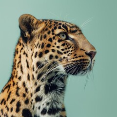 Close-up portrait of a leopard in a professional studio setting, capturing the beauty and elegance of this majestic animal with detailed focus on its features and spotted fur