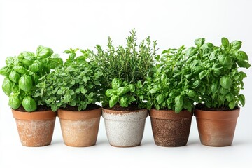 Fototapeta premium The image shows five pots with green plants such as basil, mint and rosemary. The pots are arranged in a row on a white background, the plants look fresh and healthy.