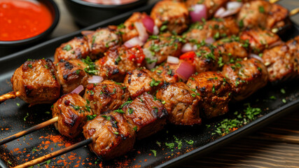 Delicious shashlik kebabs grilled to perfection on a black rectangular plate
