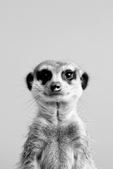 Playful Meerkat Portrait in Black and White: Cute and Curious Animal Expressing Personality Against a Minimalist Background