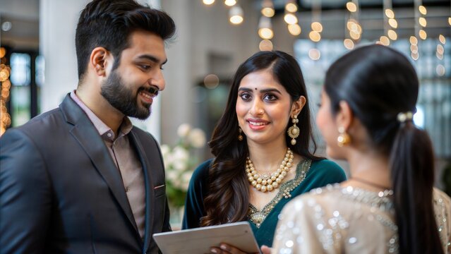 An Indian event coordinator discussing wedding details with clients in a beautiful venue.	
