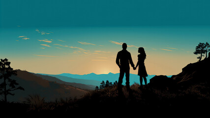 Silhouette of a couple holding hands at sunset on a mountain top