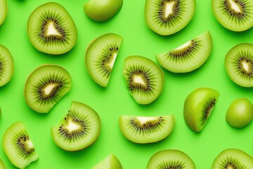 Fototapeta premium Fresh Kiwi Slices Arranged on Vibrant Background