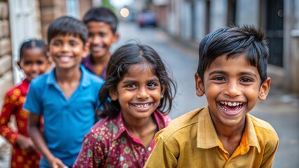 A lively shot of Indian children playing traditional games in a vibrant neighborhood, showcasing joy and innocence.	
