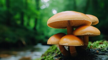 Mushrooms thriving by a creek, surrounded by a lush green forest, showcasing nature's beauty and biodiversity.