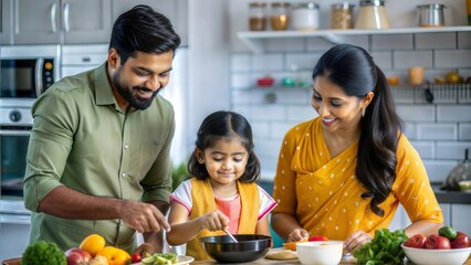 A vibrant image of an Indian family enjoying cooking together in a colorful kitchen.	
