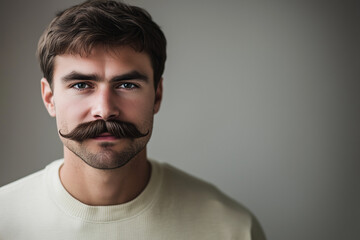 Fototapeta premium A confident man with a mustache staring intently, dressed in casual wear