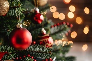 A beautiful Christmas tree adorned with red baubles, gold ornaments, and bokeh lights in the background, creating a festive and joyful holiday setting.