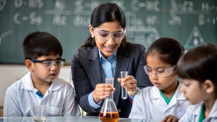 An Indian teacher demonstrating a science experiment to students in a classroom.