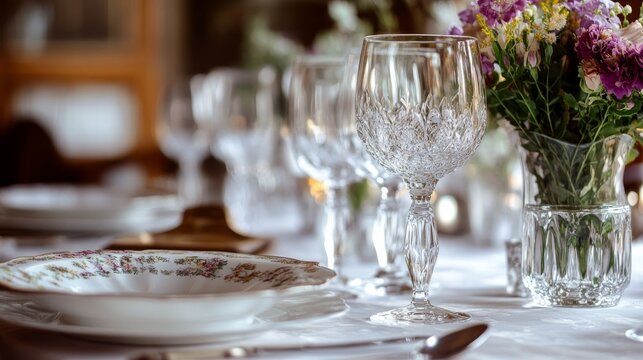A beautifully set dining table with elegant glassware, fine china, and a floral centerpiece, creating an inviting atmosphere for dinner.
