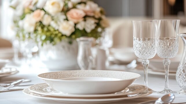 A beautifully set dining table featuring elegant dishware, sparkling glassware, and a floral centerpiece, creating an inviting atmosphere for a special occasion.