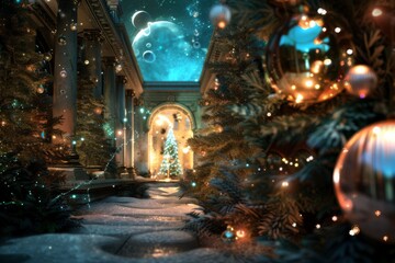 A breathtaking winter scene in a classical garden with snow-dusted pathways, illuminated by twilight, surrounded by ornate columns and festive lights.