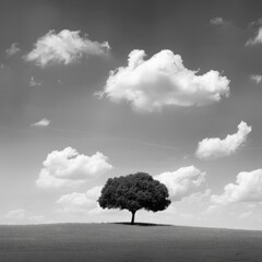 Obraz premium Solitary Tree on Rolling Hill in Black and White Against a Dramatic Sky with Fluffy Clouds â€“ A Peaceful and Contemplative Landscape Scene