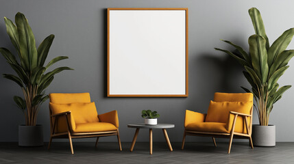 Fototapeta premium Modern interior design with two yellow armchairs, potted plants, and a blank picture frame on a gray wall.