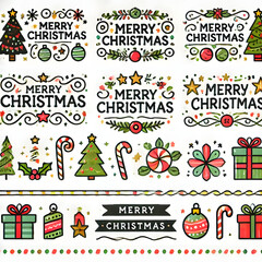 Merry Christmas designs with trees, ornaments, and candy canes

