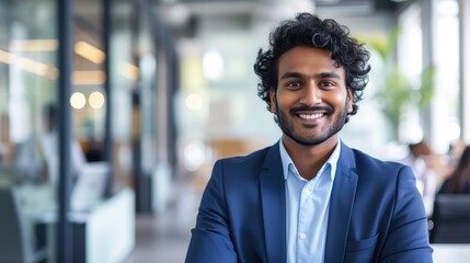 Naklejka premium Confident Indian software developer at workplace in formal attire