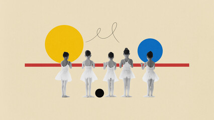 Contemporary art collage. Little young ballerinas in white tutus stand at barre against vibrant...