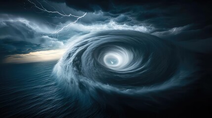 Vortex storm over the ocean with dark clouds and lightning in the background.