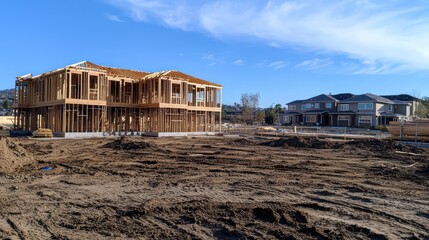 Suburban building site showcasing new wooden construction against a blue sky.