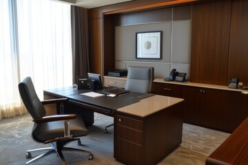 Fototapeta premium An executive suite with an organized desk and good storage. The neat setup helps in focusing on work tasks