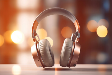 Stylish headphones on a table with a soft focus background and warm light at sunset