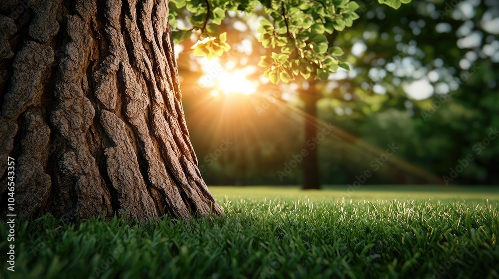 Aufkleber sunlight shining through tree leaves, close-up view of grass and tree bark.