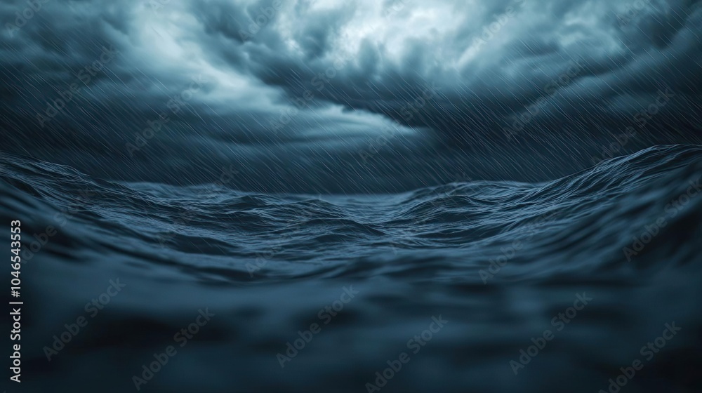 Poster dark stormy ocean scene with turbulent waves and ominous clouds.