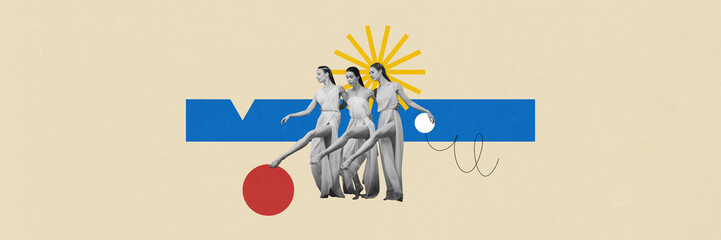 Ballet. Contemporary art collage. Classical ballet dancers in flowing dresses walk across geometric...