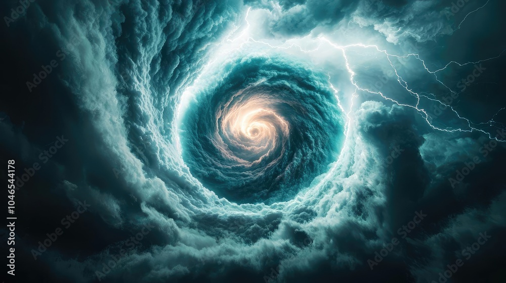 Poster swirling storm clouds creating a vortex, dramatic lightning strikes in the background.