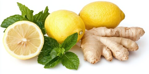 Refreshing detoxification process with lemon, ginger, and mint water on a clean white background.