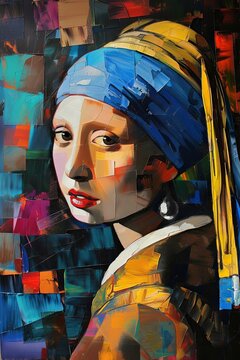 Naklejki Vibrant Artistic Interpretation of the Girl with a Pearl Earring: Bold Colors and Abstract Style Transform a Classic Masterpiece