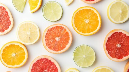 Obraz premium A flat lay of citrus fruit slices, including lemons, limes, oranges and grapefruits, arranged in a pattern on a white background.