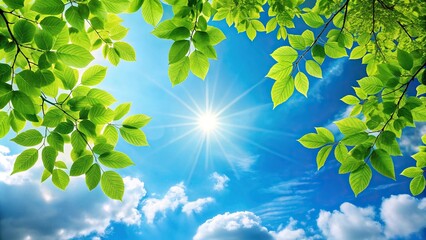Obraz premium Sunny summer day with green leaves, blue sky, and white clouds
