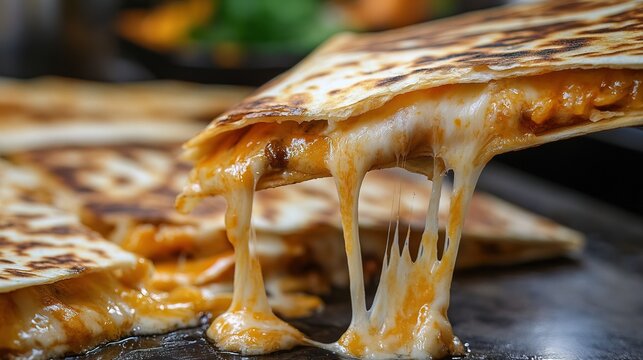 A quesadilla being lifted, with the cheese stretching between the folded tortilla