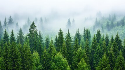 Fototapeta premium Harvest-Ready Pine Trees in a Misty Evergreen Forest at Dawn