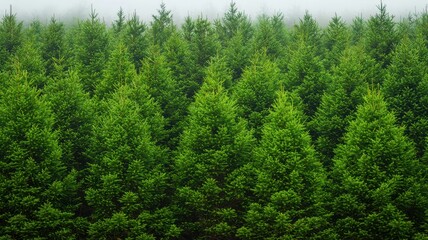 Fototapeta premium Harvest-Ready Pine Trees in a Misty Evergreen Forest at Dawn