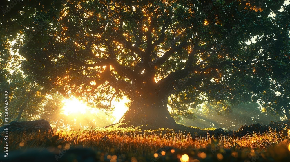 Aufkleber majestic tree illuminated by sunlight in a serene forest setting.