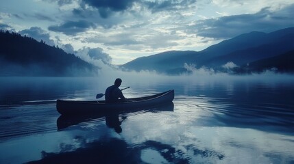 Fototapeta premium Canoeing Adventures: A Man's Journey on the Serene Lake
