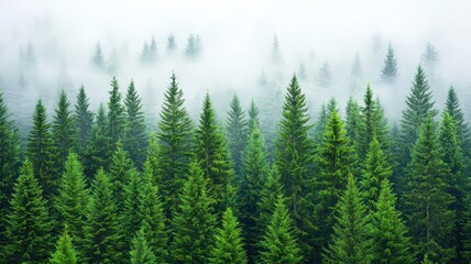 Fototapeta premium Harvest-Ready Pine Trees in a Misty Evergreen Forest at Dawn