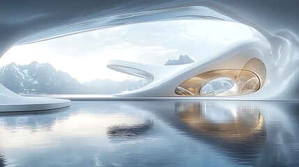 Futuristic Architecture Design: A Modern Structure with Curved Walls and Mountain Views