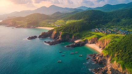 Obraz premium A beautiful beach with a rocky shoreline and a mountain range in the background