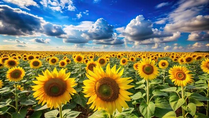 Fototapeta premium Sunny sunflower field with blue sky and clouds in the background on a wide-angle lens